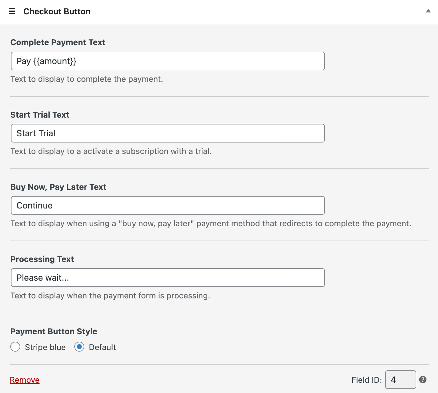 change payment form button styles and text