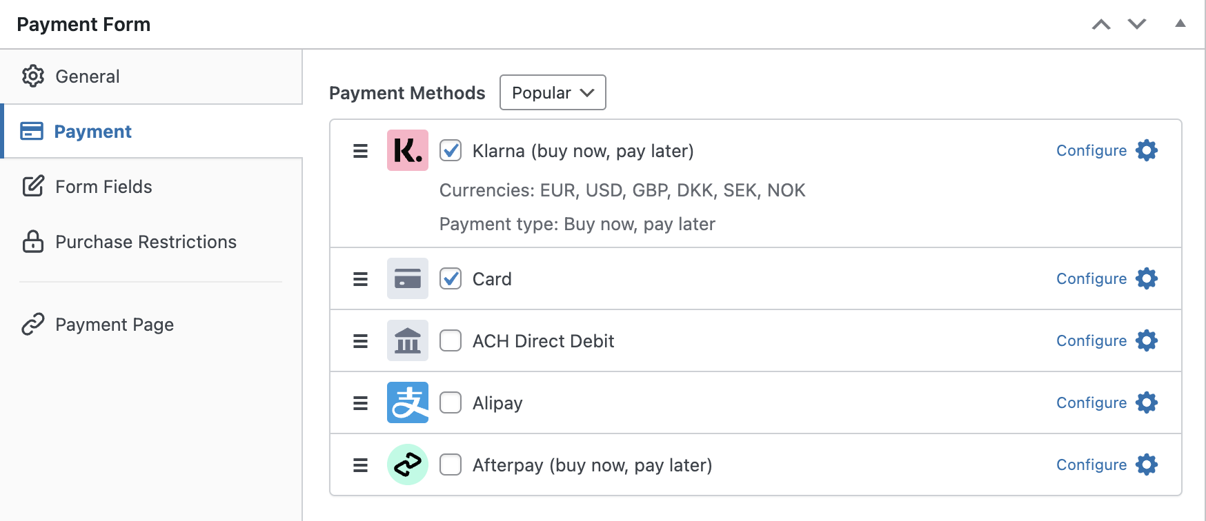 stripe form builder klarna