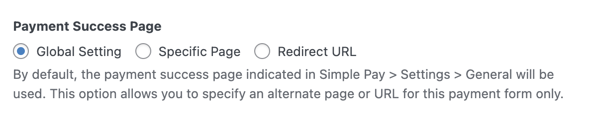 WP Simple Pay form builder payment success page global setting