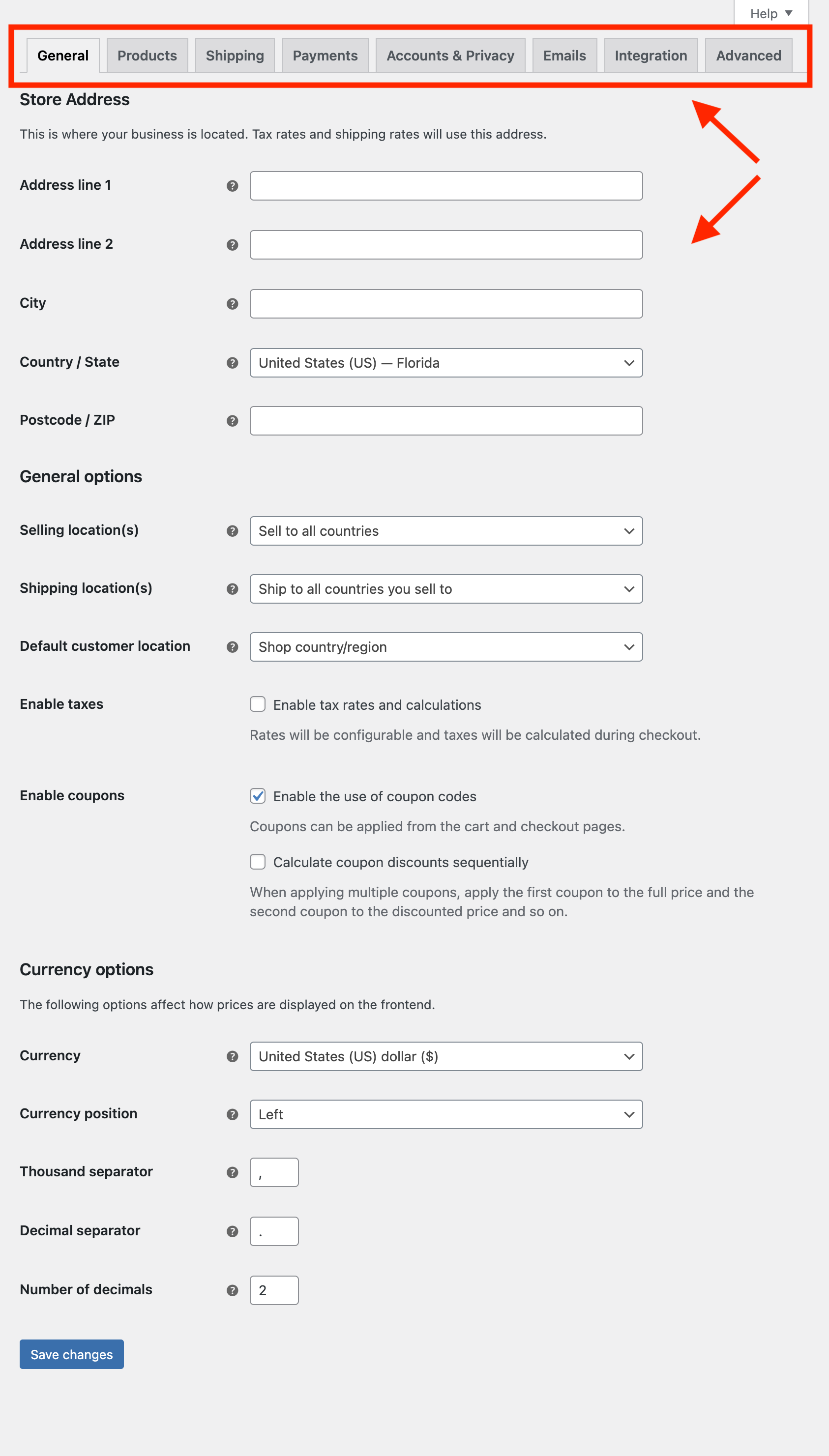 Shopping cart complex settings