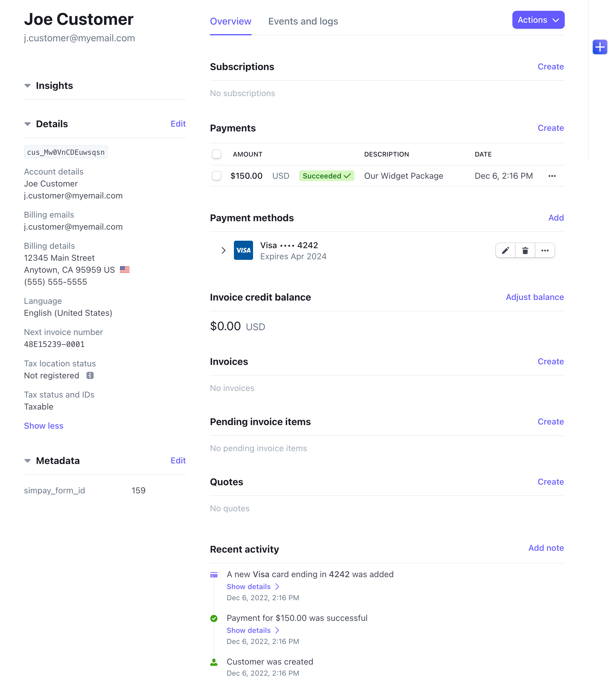 Customer record in Stripe dashboard