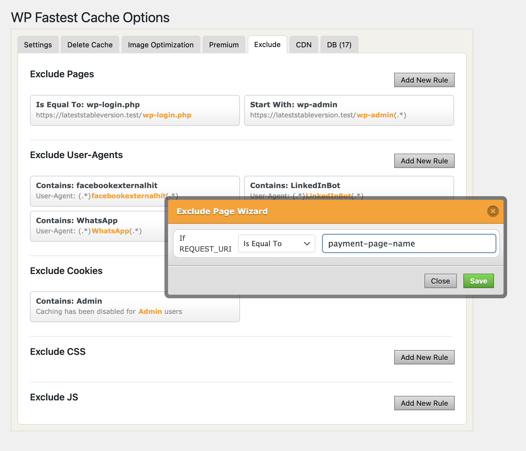 wp fastest cache exclude pages