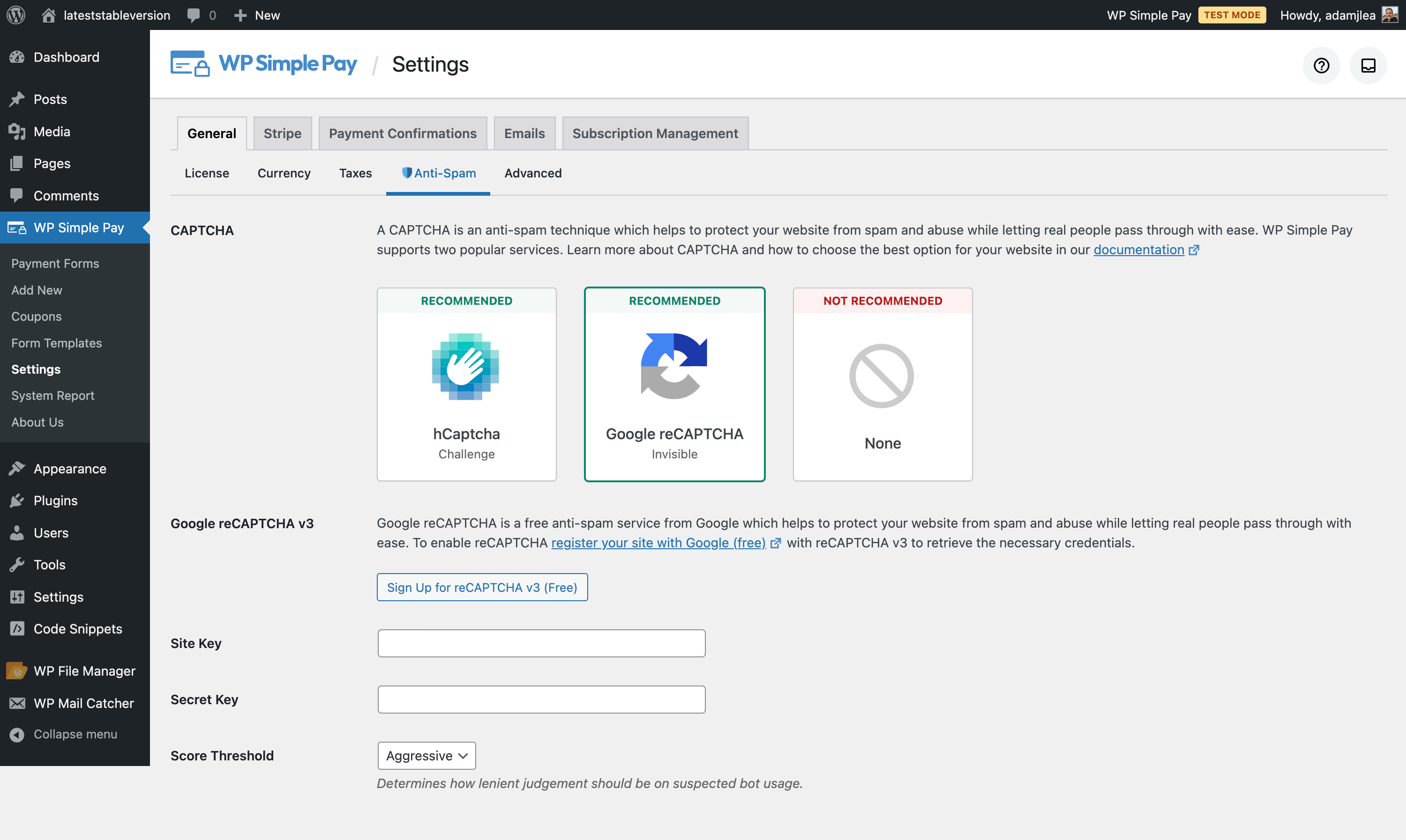 wp simple pay settings recaptcha