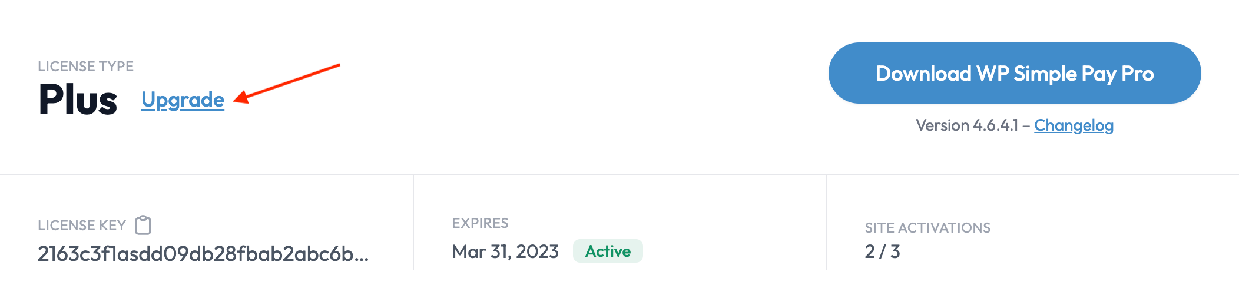 click the upgrade link in your wp simple pay account view license screen